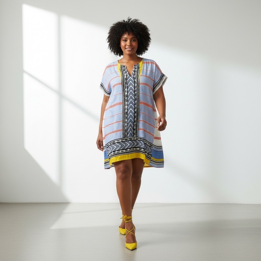 THML Mixed Print Shift Dress Women L Blue Striped Fringe Aztec Boho NWT